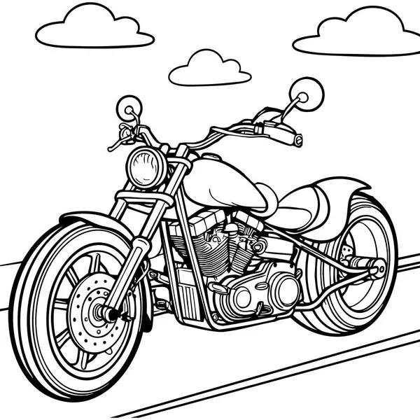 Her yaştan motosiklet severler için ideal, gökyüzünün altında otobanda gezen şık bir helikopter motorsikletinin olduğu ayrıntılı bir boyama sayfası..