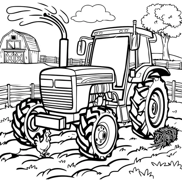 Arka planda bir ahır, tavuk, saman ve kırsal alanda traktör bulunan çiftlik temalı bir renk sayfası..