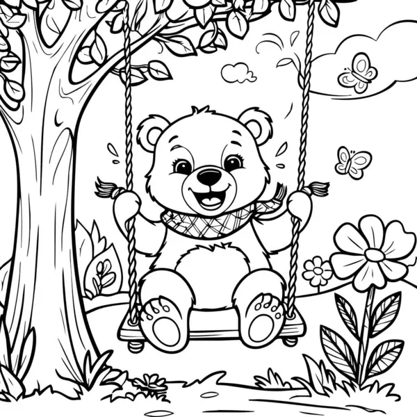 Bu güzel renkli sayfa, çiçek ve kelebeklerle çevrili bir salıncakta mutlu bir şekilde sallanan eşarp takan gülümseyen bir oyuncak ayıyı gösteriyor..