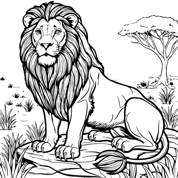 Bu gerçekçi renkli sayfa, açık Afrika ovasında kayanın üzerinde akmakta olan yeleli güçlü bir erkek aslan yakalıyor..