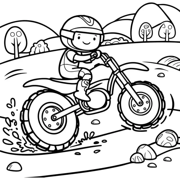 Bu eğlenceli boyama sayfasında arka planda kayalar, sıçramalar ve doğa olan tepelik bir patikanın üzerinde arazi bisikleti süren bir çocuk var. Küçük maceracılar ve bisiklet meraklıları için harika..