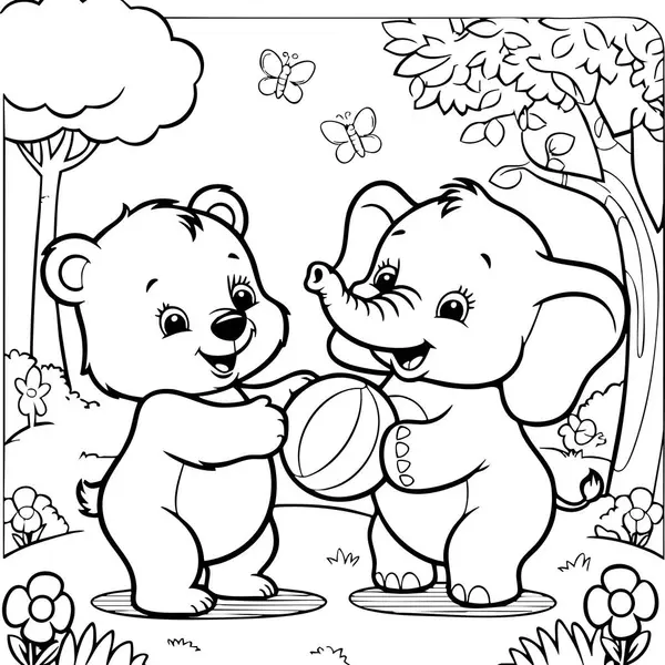 Sevimli bir ayı ve yavru bir filin ağaçlarla, çiçeklerle ve kelebeklerle dolu bir ormanda top oynadığını gösteren yürek ısıtan bir sayfa..