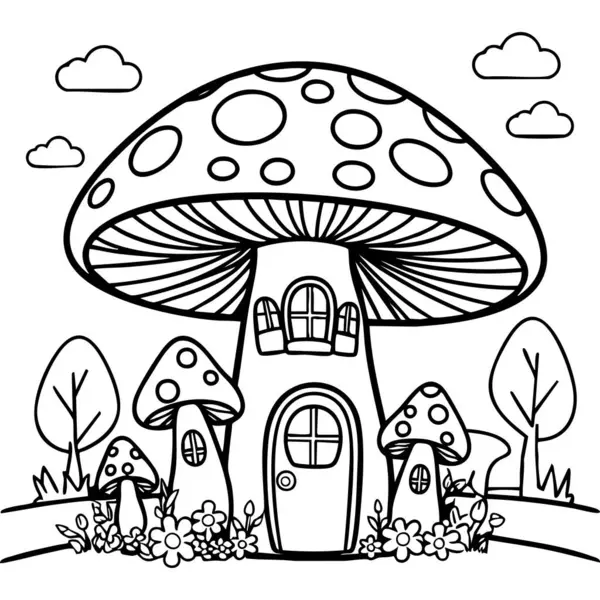 Pencereleri ve kapısı olan, daha küçük mantarlar ve çiçeklerle çevrili, sihirli bir ormanda çiçeklerle süslenmiş fantezi bir mantar evi içeren renkli bir sayfa..