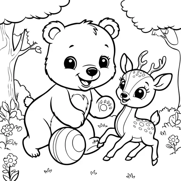 Bu büyüleyici renkli sayfada bir ayı yavrusu ve bir geyik yavrusu neşeli bir ormanda çiçek ve ağaçların arasında top oynuyorlar..