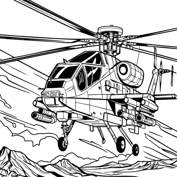 Havacılığı ve askeri araçları seven çocuklar ve yetişkinler için tasarlanmış engebeli dağların üzerinden uçan çok detaylı bir savaş helikopteri..