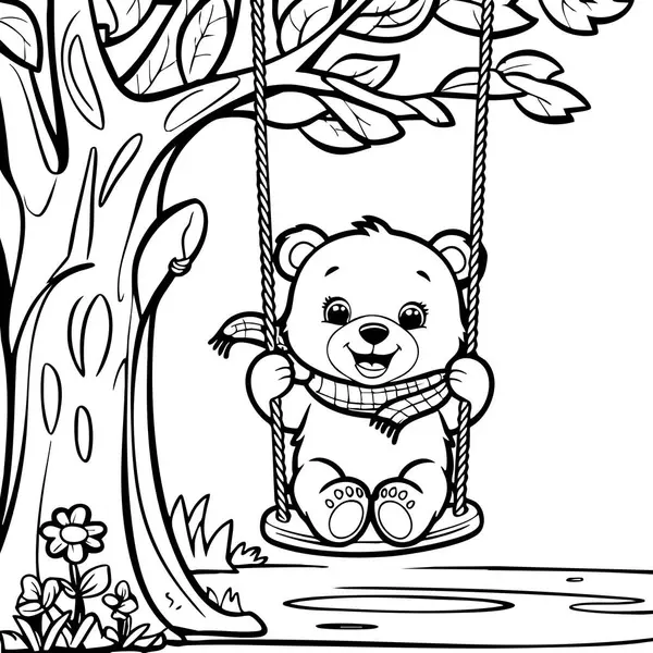 Bir salıncakta sallanan küçük sevimli bir ayı gölgenin altında sevimli hayvanları seven çocuklar için ideal bir gülümseme.