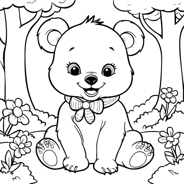 Neşeli bir bebek fil, çocuklar için ilgi çekici ve eğlenceli boyama sayfasıyla su sıçratırken bir gölette oynuyor.