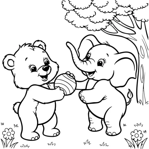 Bu büyüleyici renkli sayfada bir yavru ayı ve yavru bir fil ormanın derinliklerindeki bir ağacın altında topla mutlu bir şekilde oynuyorlar..