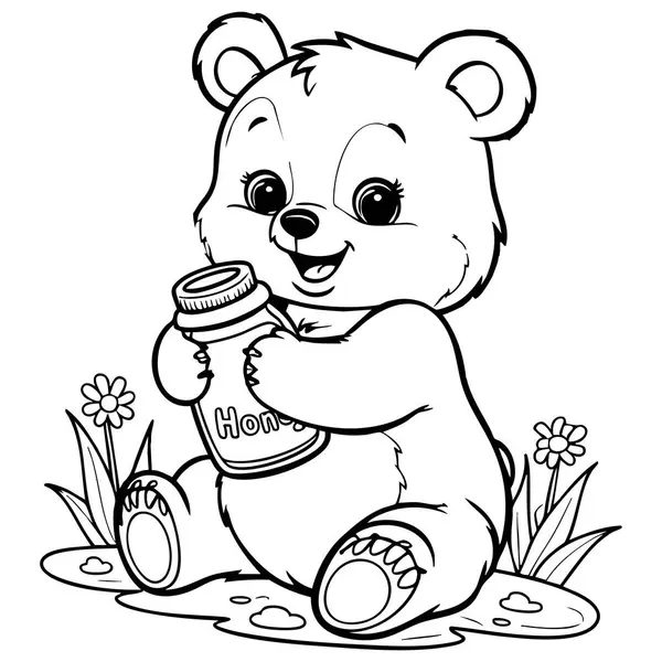 Çayırda otururken elinde bal kavanozu tutan gülümseyen bir bebek ayının olduğu karikatür tarzı renkli bir sayfa..