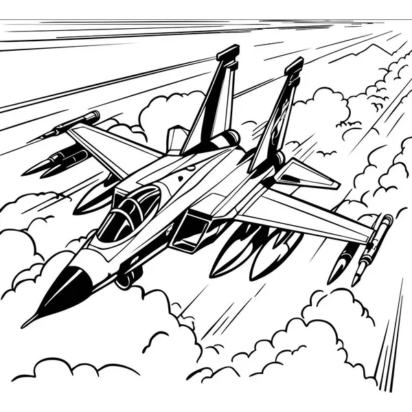 Gökyüzündeki bulutlarda yüksek hızda uçan modern bir jet savaşçısının aksiyon dolu renkli sayfası..