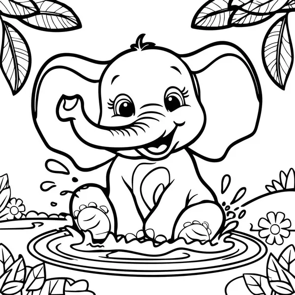 Bu sevimli renkli sayfa, çiçeklerle ve orman yapraklarıyla çevrili bir gölde sıçrayan neşeli bir bebek fili gösteriyor. Genç çocukların boyayıp eğlenmesi için mükemmel..