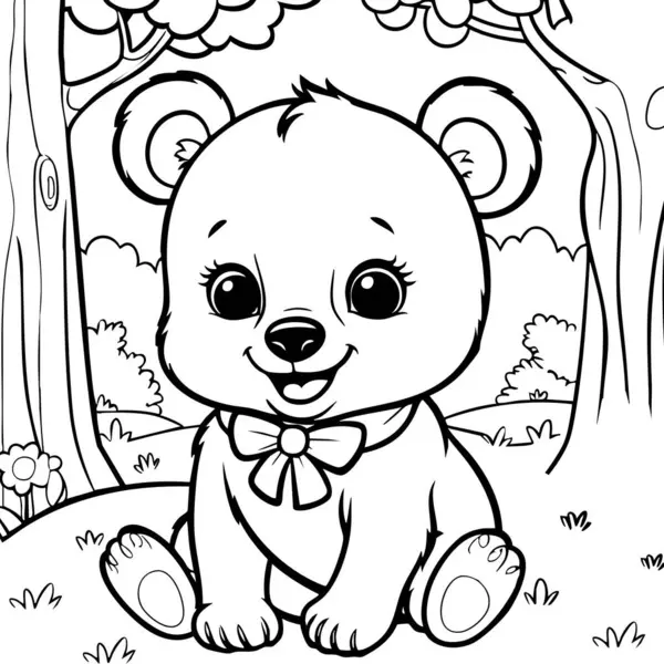 Bu sevimli yavru ayı mutlu bir yüzle ormanda oturuyor. Hayvanları öğrenirken çocukları renklendirmek ve eğlendirmek için mükemmel..