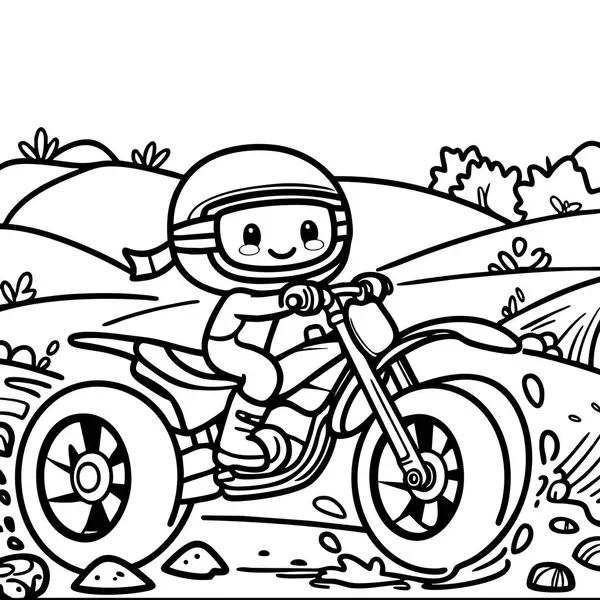 Bu boyama sayfası, kask takan ve arazi bisikleti süren mutlu bir çizgi film çocuğunu tasvir ediyor..