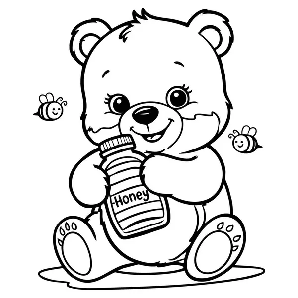 Sevimli bir ayı bal kavanozunu kucaklarken mutlu bir şekilde gülümsüyor. Şirin arılar, hayvanları ve tatlı anları seven çocuklar için tasarlanmış bu renkli sayfada neşeli bir şekilde vızıldıyor..