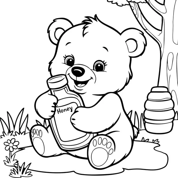 Bu sevimli boyama sayfasında, dışarıda bir ağacın yanında otururken bal kavanozuna sarılan mutlu bir ayı yavrusu var..