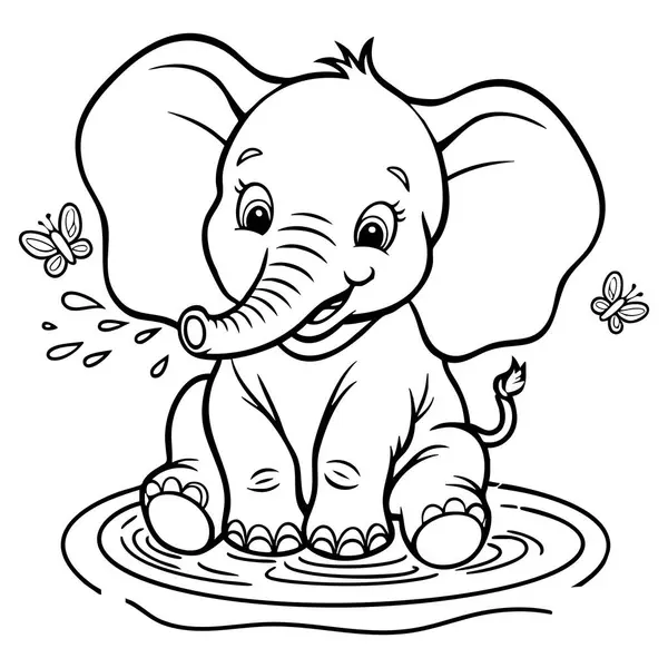 Bu sevimli boyama sayfasında bir yavru fil suda neşeyle oynarken kelebekler etrafta uçuyor, genç çocukların eğlenmesi ve yaratıcı bir şekilde renk vermesi için mükemmel..