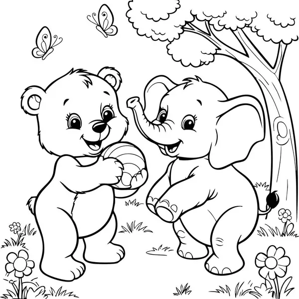 Bu neşeli renkli sayfa, bir bebek fil ve bir ayının, çocuklar için eğlenceli ve yaratıcı renkler olan ağacın altında mutlu bir şekilde oynadığını gösteriyor..