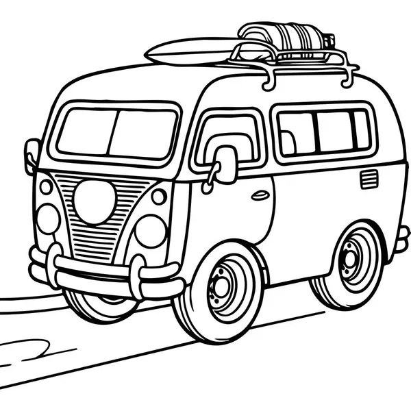 Bavul ve sörf tahtası taşıyan klasik bir minibüs, eğlenceli bir yolculuk macerası boyama etkinliğine hazır..