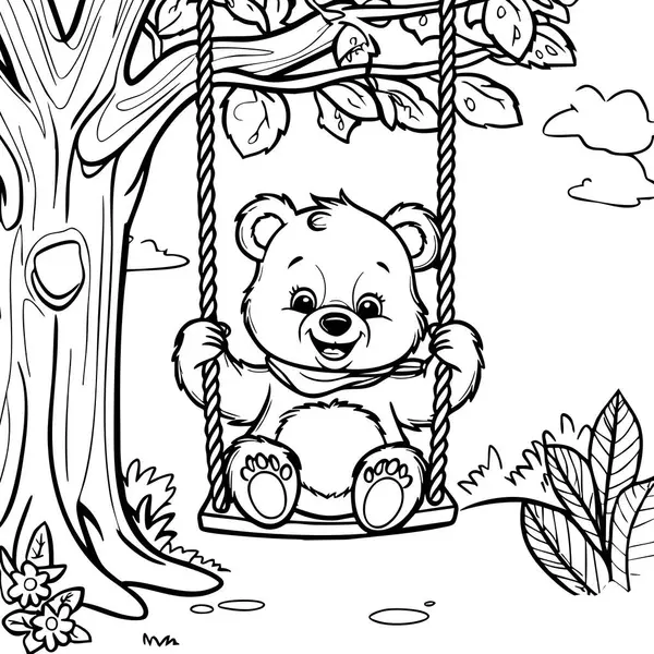 Güzel bir bahçede, ağacın altında sallanan mutlu bir ayı. Renkler ve eğlence için mükemmel..