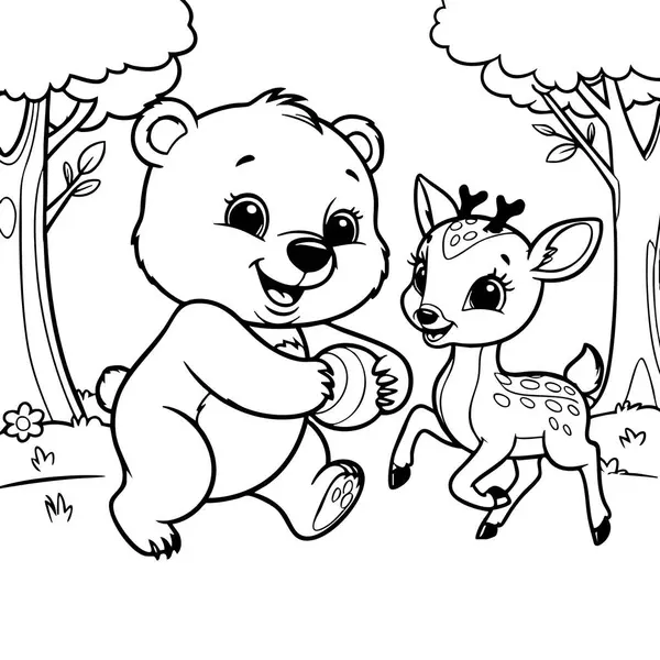 Yavru bir ayı ve yavru geyik mutlu bir şekilde ormanda oynuyor, eğlence ve doğa dolu..