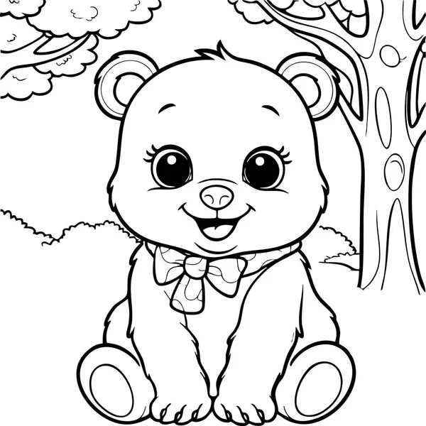 Gülümseyen bebek ayı papyonlu oturuyor, çocuk boyama aktivitesi için mükemmel..