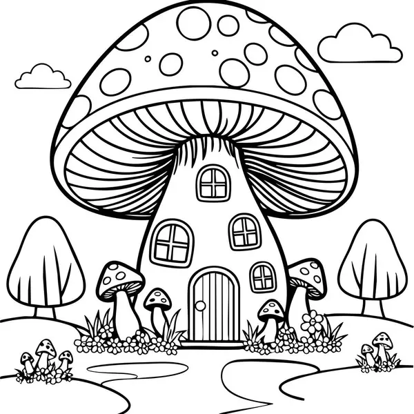 Ağaçlar ve çiçeklerle çevrili büyüleyici mantar evi sahnesi.