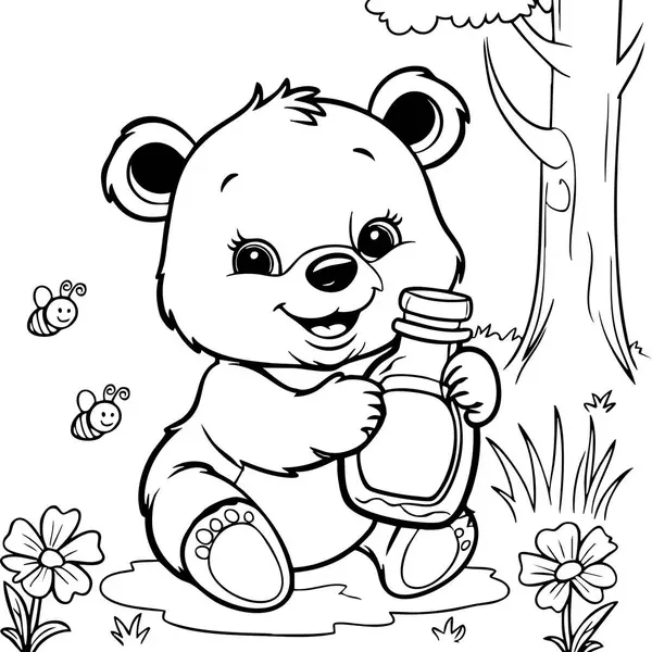 Şirin ayı elinde bal şişesiyle ormanda uçuşan arıları tutuyor..