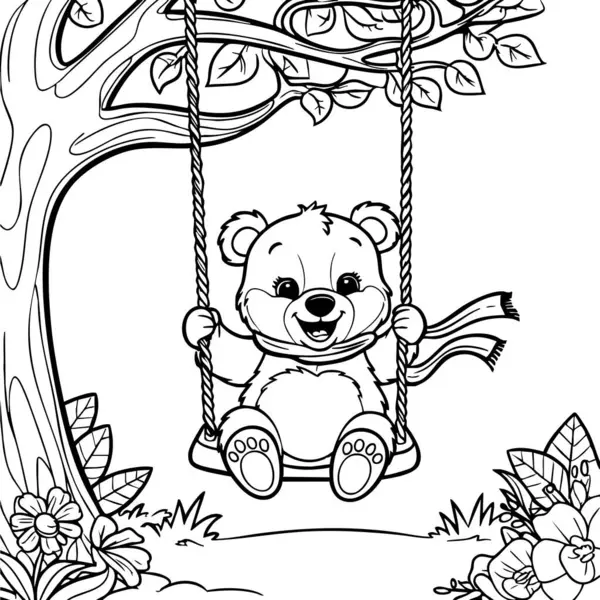 Neşeli bir ayı ipte sallanıyor büyük bir ağacın altında, çiçeklerle çevrili..