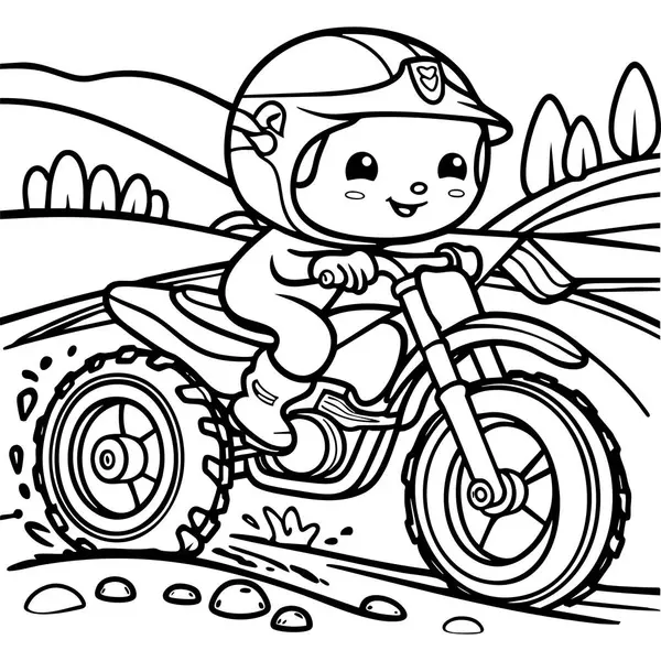 Bu renkli sayfa, güvenli olması için kask takmış, engebeli ve çamurlu bir yolda motosiklet süren şirin bir bebeği gösteriyor..