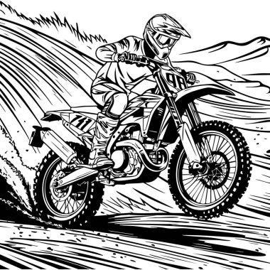 Off-road sürücüsü arazi motoruyla tepelerden atlıyor, aksiyon dolu.