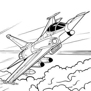 Bu renklendirme sayfası bulutların üzerinde süzülen güçlü bir savaş jetini sunuyor.