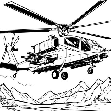 Bu boyama sayfasında, görünürdeki silahlarla donatılmış engebeli dağların üzerinde uçan bir askeri saldırı helikopteri var.