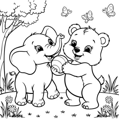 Bu sevimli renkli sayfa, kelebek ve ağaçlarla çevrili çimenli bir tarlada neşeli bir şekilde oynayan şirin bir bebek fil ve küçük bir ayıyı gösteriyor.