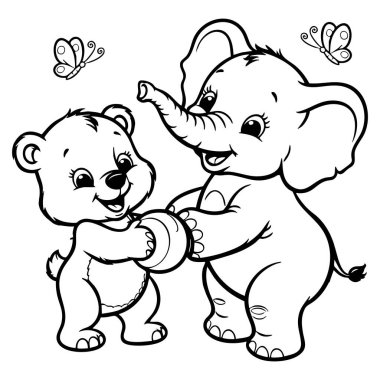 Sevimli çizgi film ayıları ve filler bir oyuncakla mutlu bir şekilde oynuyorlar.