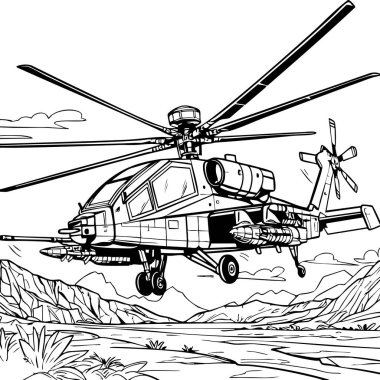 Silahlı askeri helikopter dağ manzarası üzerinde uçuyordu.