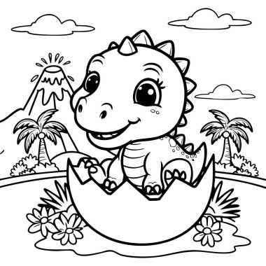 Yumurtadan çıkan sevimli bebek dinozor volkan palmiyeleri ve arka planda çiçekler.