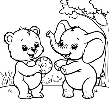 Şirin bir ayı ve fil dışarıda polka topuyla oynuyorlar.