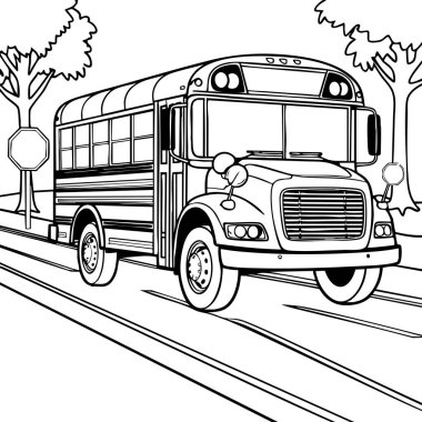 Ağaçlı bir yol boyunca giden bir okul otobüsü ve görünür bir dur levhası.