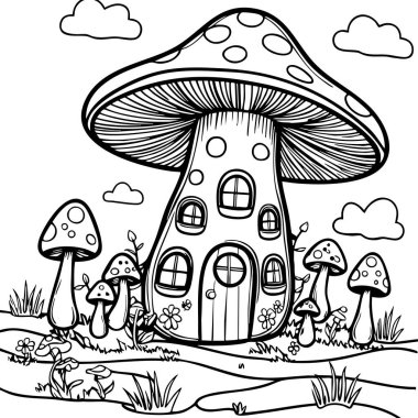 Tuhaf çevreli sihirli bir mantar şekilli ev çocukların boyaması için mükemmel.