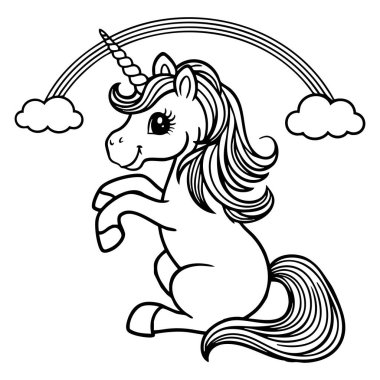 Gökkuşağı ve bulutları büyülü bir fantezi ortamında tapılası tek boynuzlu at