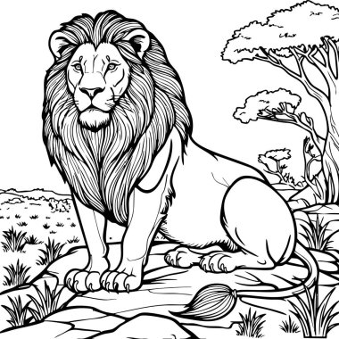 Uçan yeleli güçlü bir aslan vahşi savanadaki bir kayanın üzerinde sakince oturur.