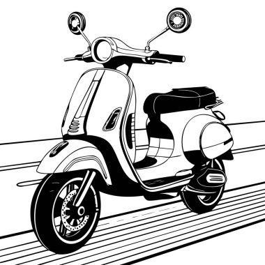 Yola park etmiş eski bir scooter araç temalı renkli sayfalar için mükemmel.