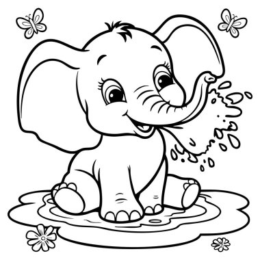 Mutlu bir bebek fil su sıçratıyor ve su birikintisinde gülümsüyor.