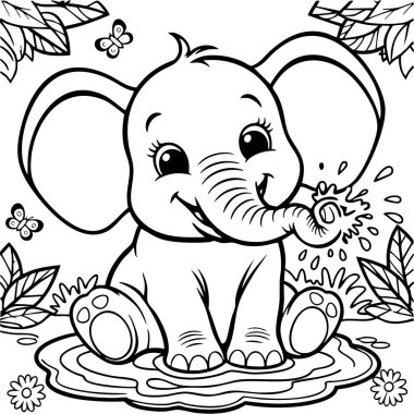 Yapraklar ve kelebeklerle çevrili su birikintisine sıçrayan mutlu bebek fil.