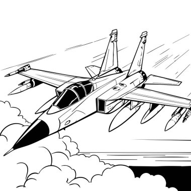 Detaylı savaş uçağı dramatik bir sahnede bulutların arasında hızla uçuyor.