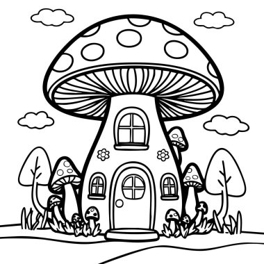 Ağaçlar, çimenler ve bulutlarla çevrili tuhaf mantar evi.