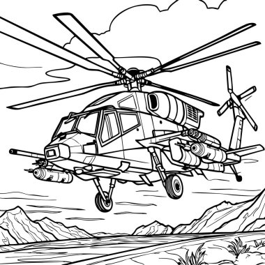Savaş helikopteri çöl arazisinde uçuyor.
