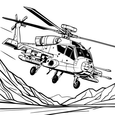 Engebeli dağ manzarasında uçan taktik bir askeri helikopter.