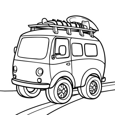 Plaj aşıkları ve yaz boyama aktiviteleri için mükemmel sörf tahtaları olan Retro tarzı bir minibüs.