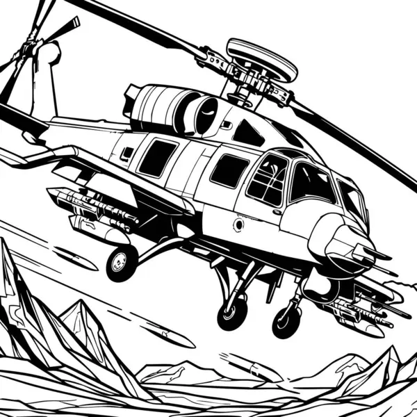 Güçlü bir askeri helikopter dağlık bir savaş alanına füzeler fırlatıyor.